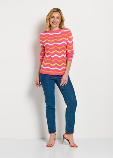 Pull doux col rond reliefé rayé point mousse Fond Rose