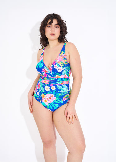 Maillot de bain 1 pièce fleurs exotiques Bleu Imprime