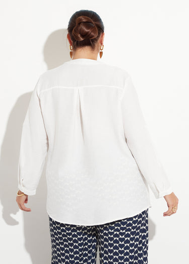 Blouse col V unie à manches longues Blanc