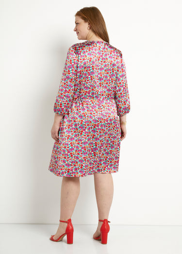Robe courte évasée satin fleuri col V boutonné Multicolore