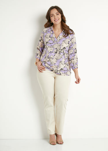 Tunique longue col chemise motif graphique Violet/ Blanc