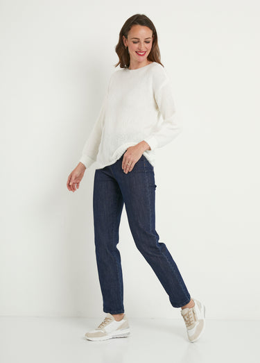 Pull court ample col rond grosse maille Ecru