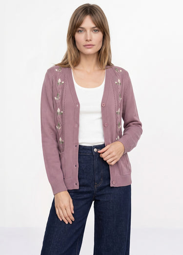 Gilet long boutonné brodé perlé col V Cyclamen