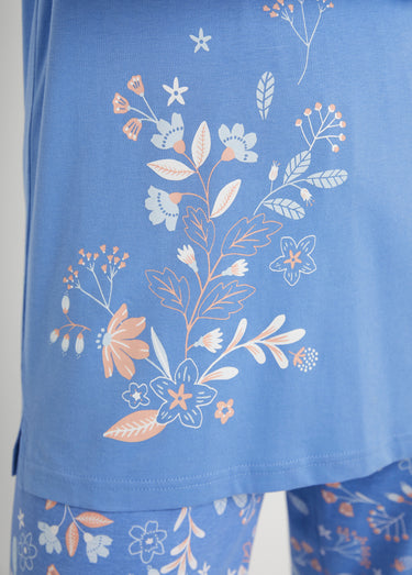 Pyjama manches longues coton uni fleuri Imprimé bleu/rose