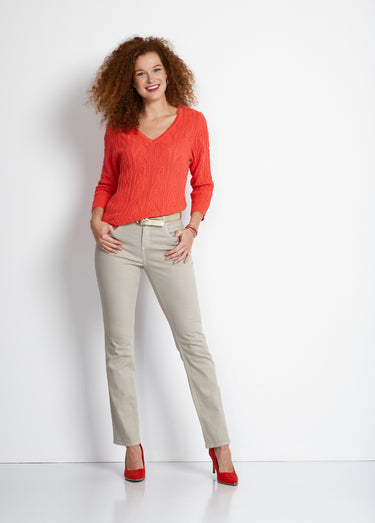Pull col V manches 3/4 maille ajourée Orange