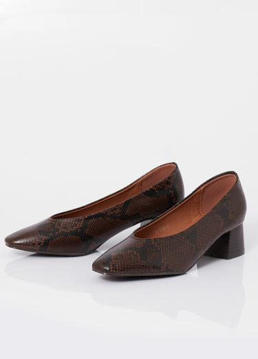Escarpins décolletés à talon, bout carré Python / Marron