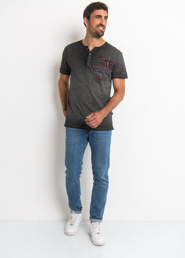 T-shirt col tunisien chiné avec motif Gris Fonce