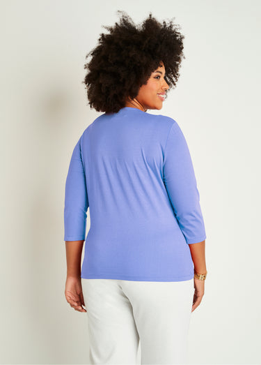 T-shirt court brodé manches 3/4 Bleu