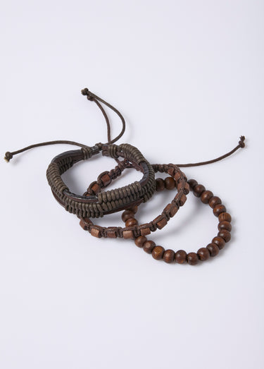 Bracelets en cuir, corde et perles bois Marron