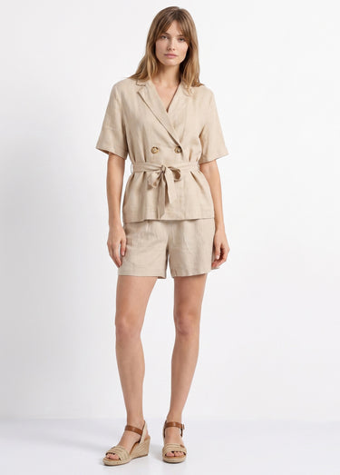 Short large élastiqué avec lin Beige
