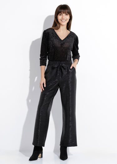 Pantalon ample brillant taille ceinturée Noir Brillant