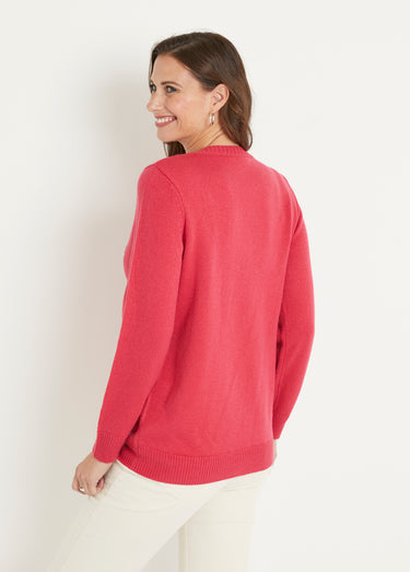 Pull doux uni brodé ajouré col rond Rose