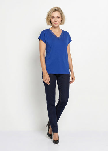 T-shirt court extensible dentelle Bleu