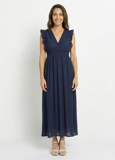 Robe longue encolure V + dos nu et liens Marine