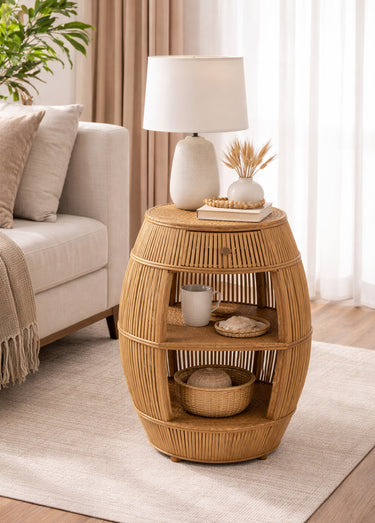 Table en rotin et bambou, forme barrique Naturel