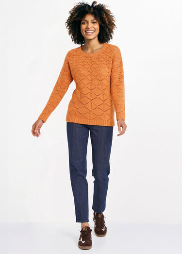 Pull court ajouré col rond manches longues Caramel