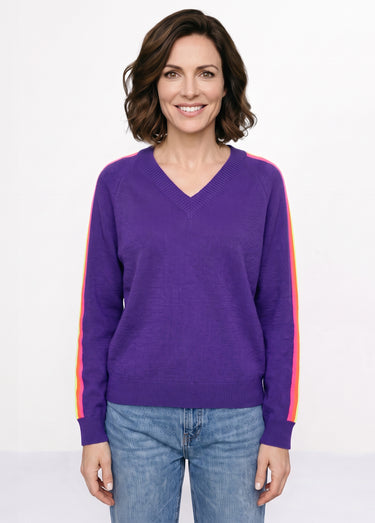 Pull col V manches lignes multicolores Violet