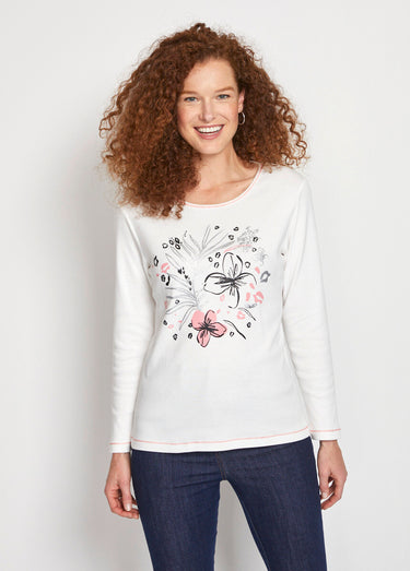 T-shirt court col rond motif brillant Ecru
