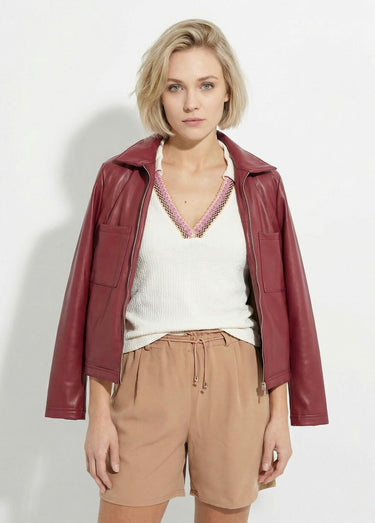 Veste zippée style motard, simili cuir Bordeaux