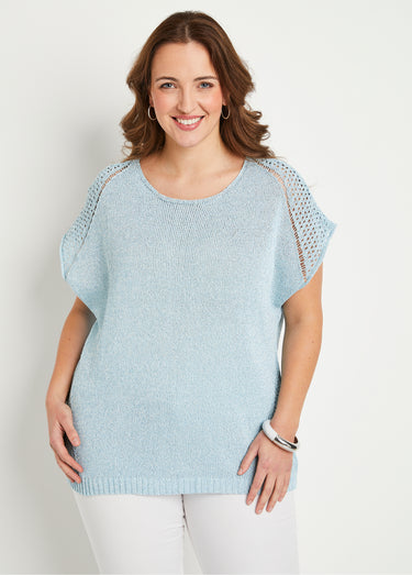 Pull fin ajouré manches courtes Bleu