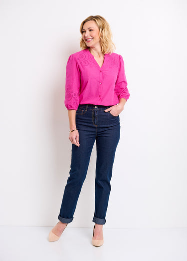 Chemisier long coton brodé manches 3/4 Rose