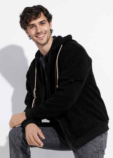 Blouson en velours milleraies à capuche Noir