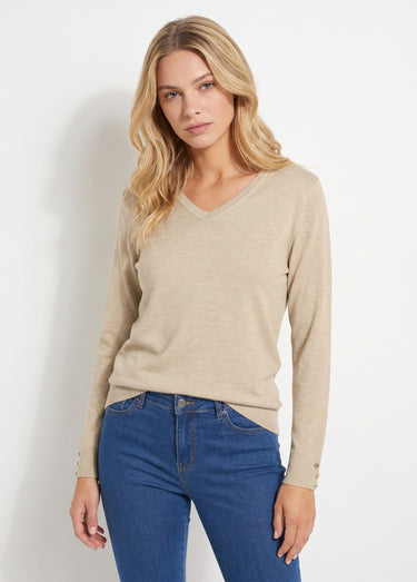 Pull fin col V jersey uni avec laine mérinos Ficelle