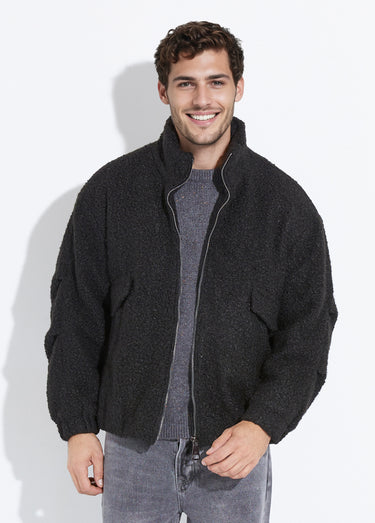 Blouson façon peau lainée, col montant Noir