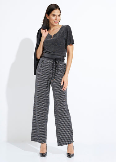 Pantalon droit taille élastiquée maille sequins Noir/Argent
