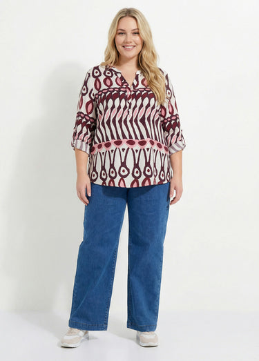 Blouse col V boutonné, imprimé ethnique Imprime Prune