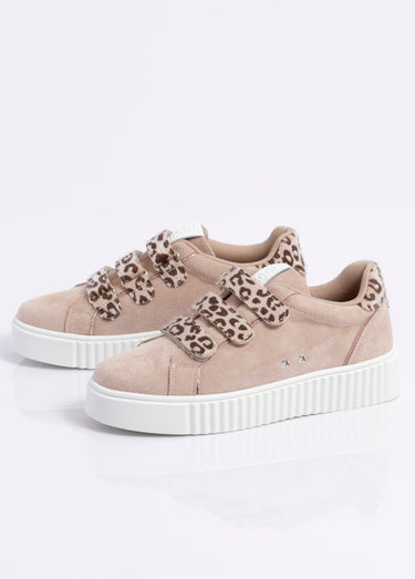 Baskets à scratchs, suédine et léopard Beige