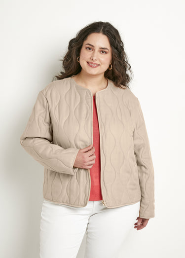 Veste unie matelassée zippée courte col rond Beige