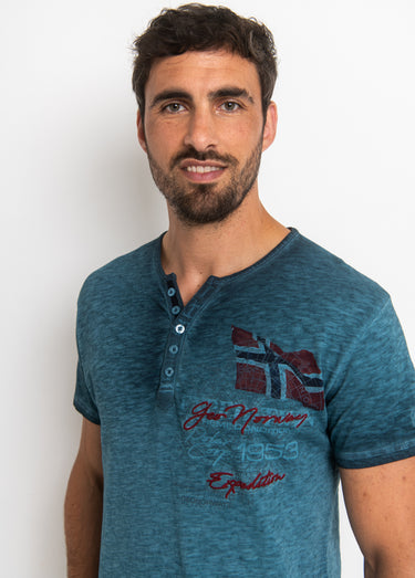T-shirt col tunisien chiné avec motif Bleu