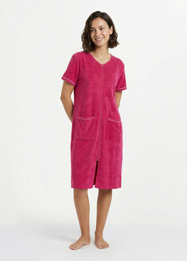 Peignoir de bain éponge coton uni zippé Rose