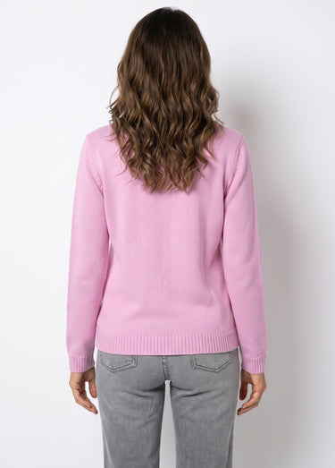 Pull doux torsades côtes strass col montant Rose Petale