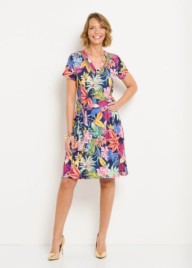 Robe col V courte évasée imprimé feuilles Marine/Rose