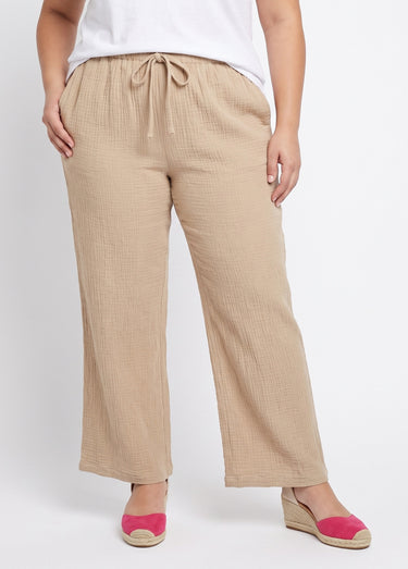 Pantalon large tendance, gaze de coton Beige