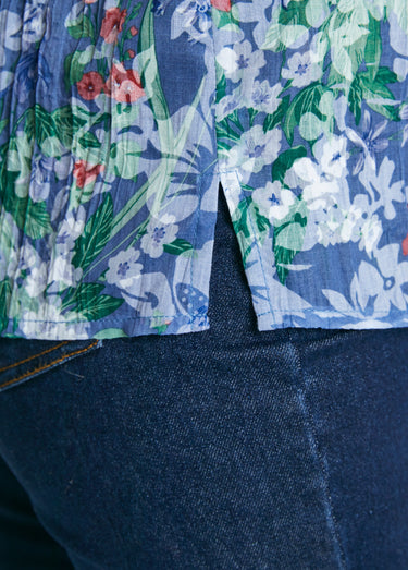 Tunique ample manches 3/4 fleurie Fond Bleu