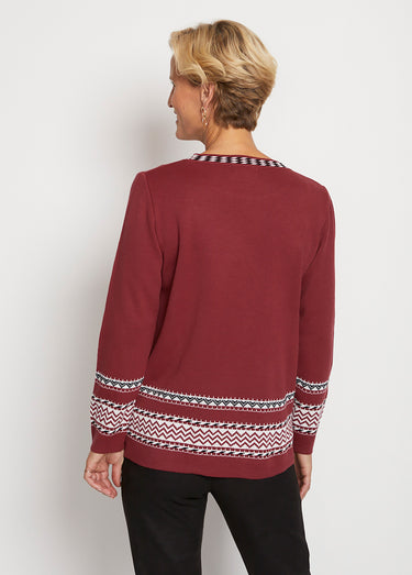 Pull-tunique doux mi-long jacquard col rond Bordeaux