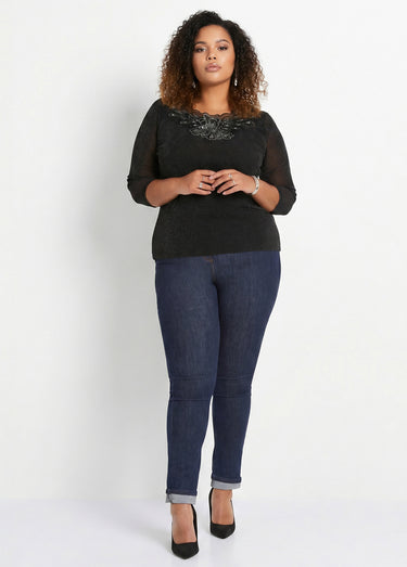 T-shirt manches 3/4 brodé brillant Noir