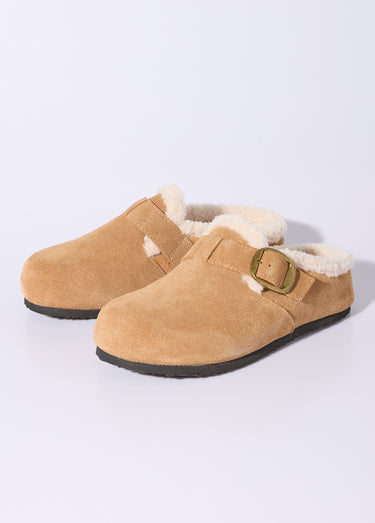 Sabots en cuir suédé, intérieur fourrure Camel