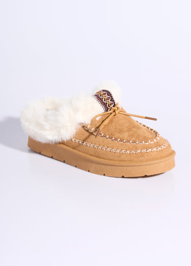 Mocassins indiens fourrure et galon Camel