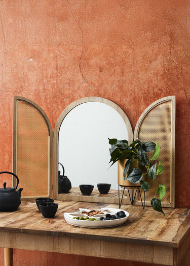 Miroir déco à volets, bois et cannage Marron