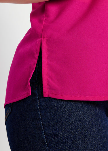 Top long manches courtes broderies col rond Fuchsia