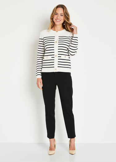 Gilet cardigan rayé court boutonné col rond Écru / Noir