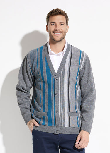 Gilet col V boutonné rayures jacquard laine Gris