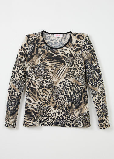 T-shirt col rond imprimé patchwork peau de bête Beige/Noir