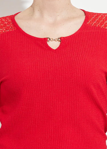 T-shirt maille gaufrée dentelle encolure bijou Rouge