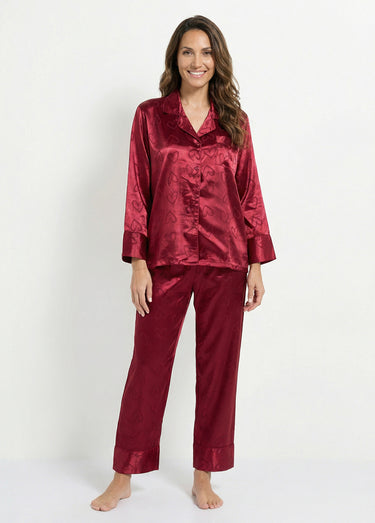 Pyjama long satin avec coeurs imprimés Bordeaux