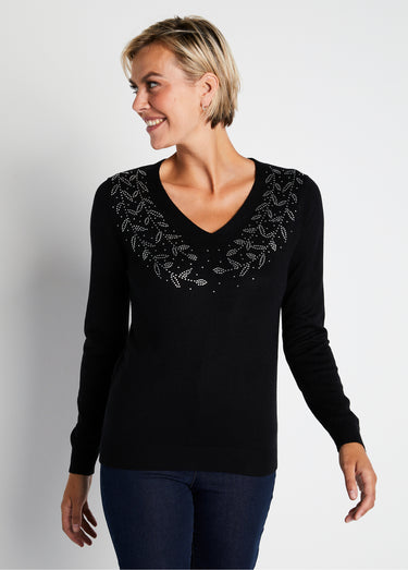 Pull col V strassé manches longues Noir